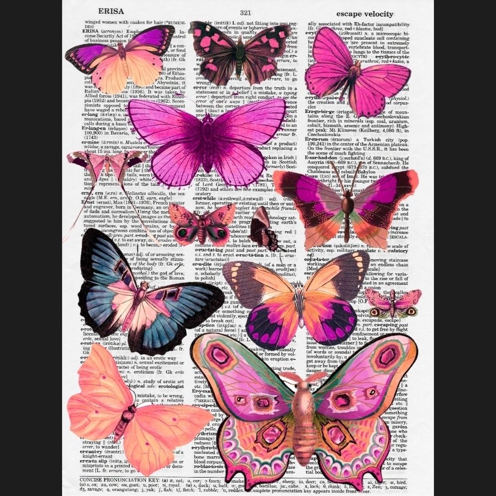 Pink Butterfly Vintage Dictionary Art Print Decor